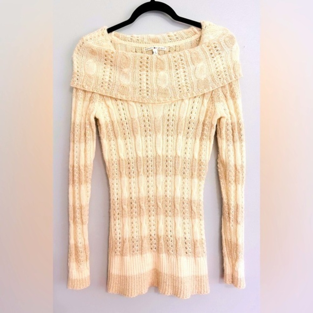 Vintage Tommy Hilfiger Open Knit Mohair Alpaca Off-Shoulder Stripe Sweater M